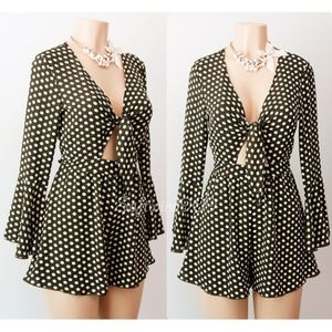 Olive Khaki Polka Dot Tie Front Retro Romper